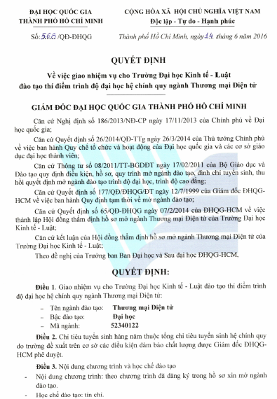 Quyết định của Giám đốc ĐHQG-HCM về việc giao nhiệm vụ đào tạo thí điểm ngành Thương mại Điện tử tại Trường Đại học Kinh tế - Luật.
