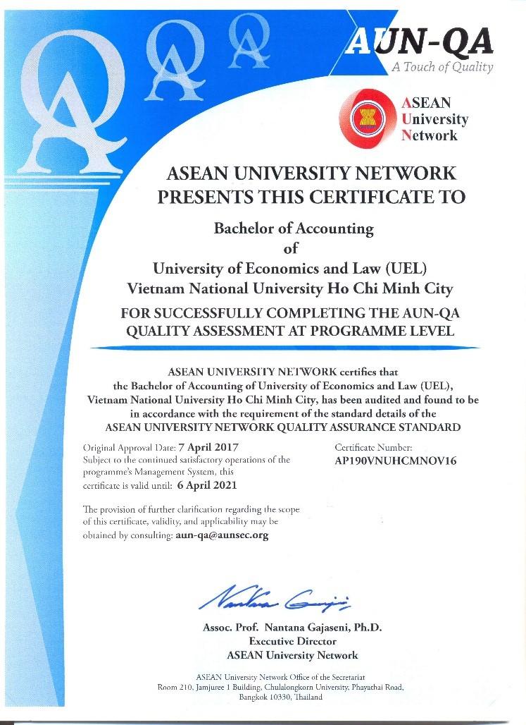 Mạng lưới các trường ĐH Đông Nam Á đã chính thức cấp giấy chứng nhận cho ngành Kế toán của Trường đạt chuẩn chất lượng AUN-QA.