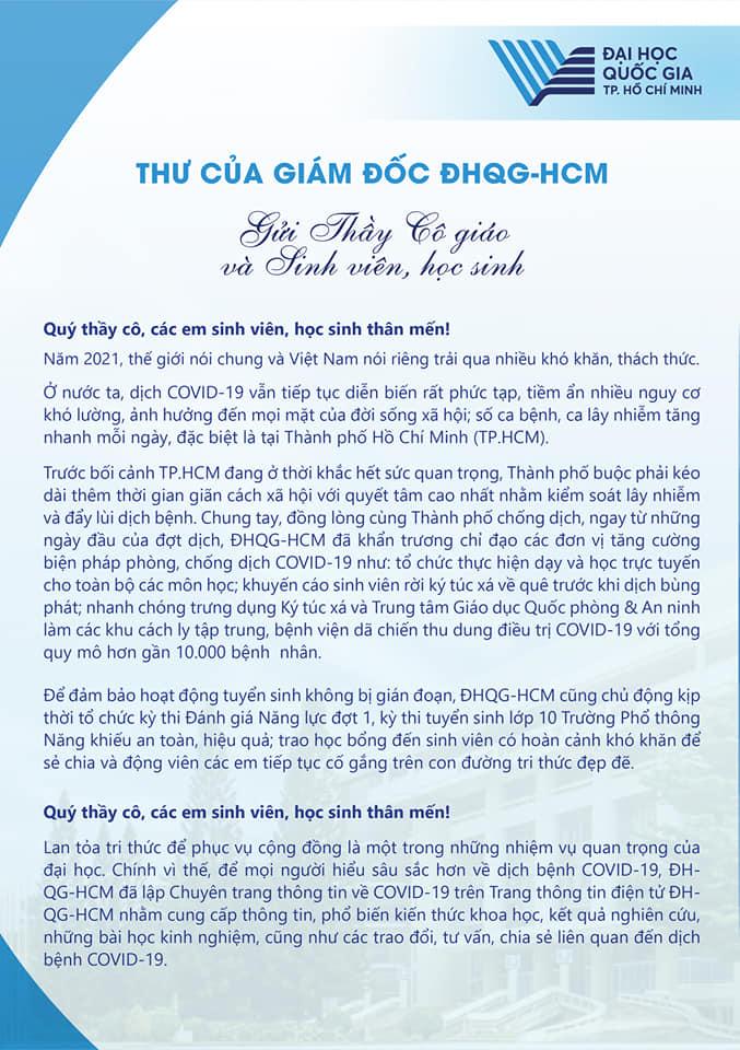 Thư của Giám đốc ĐHQG-HCM gửi thầy cô giáo và sinh viên, học sinh