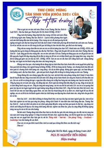 Thư chúc mừng của Thầy Hiệu trưởng Trường Đại học Kinh tế - Luật gửi tân sinh viên Khóa 21